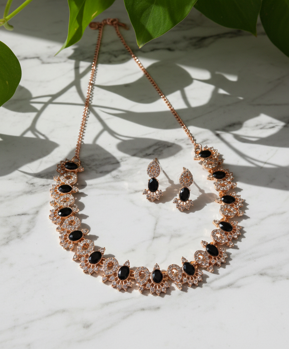 Black Stone Rose Gold Necklace Set