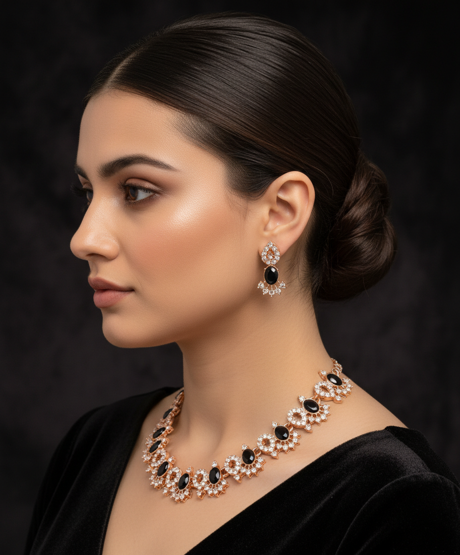 Black Stone Rose Gold Necklace Set