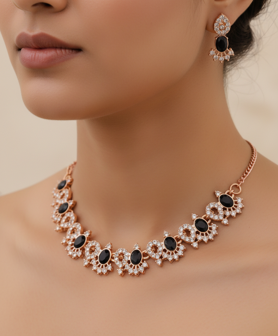 Black Stone Rose Gold Necklace Set