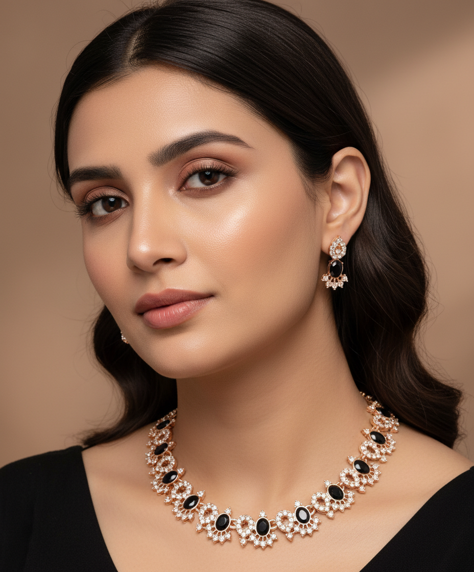 Black Stone Rose Gold Necklace Set