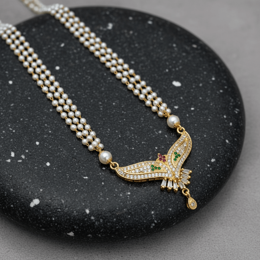 Golden-Plated Floral Pendant Pearl Necklace