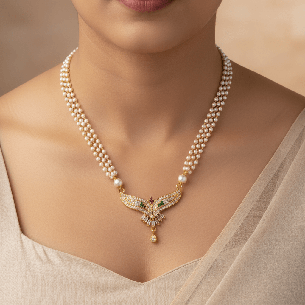 Golden-Plated Floral Pendant Pearl Necklace