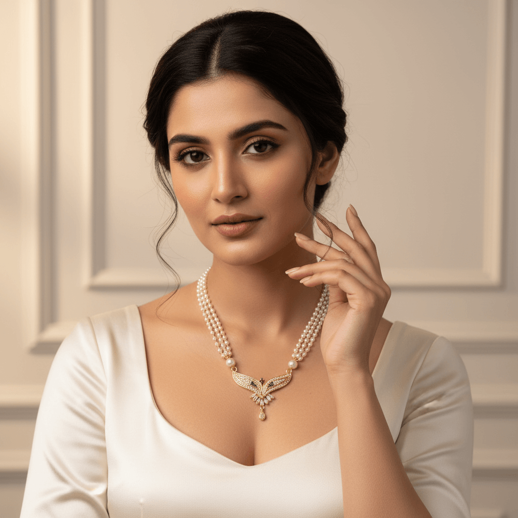Golden-Plated Floral Pendant Pearl Necklace