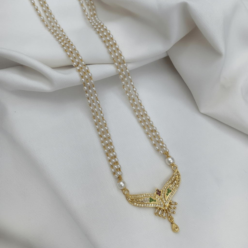 Golden-Plated Floral Pendant Pearl Necklace