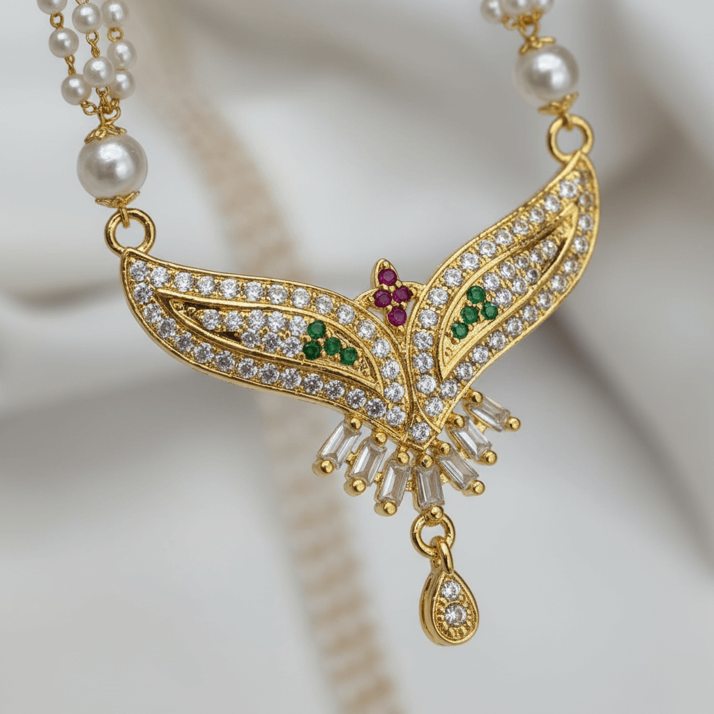 Golden-Plated Floral Pendant Pearl Necklace