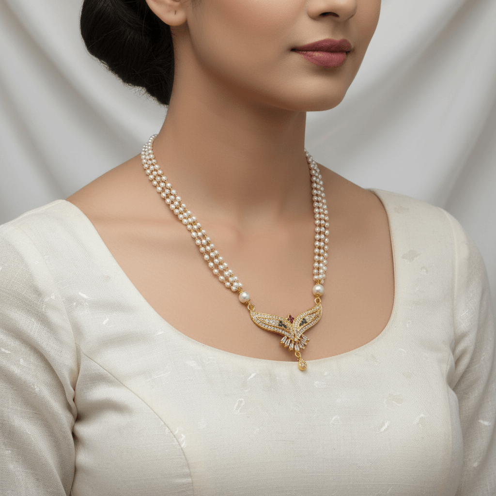 Golden-Plated Floral Pendant Pearl Necklace