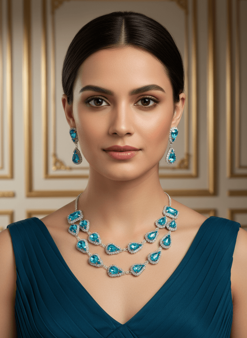 Aqua Blue Tilak Premium Necklace & Earrings Set