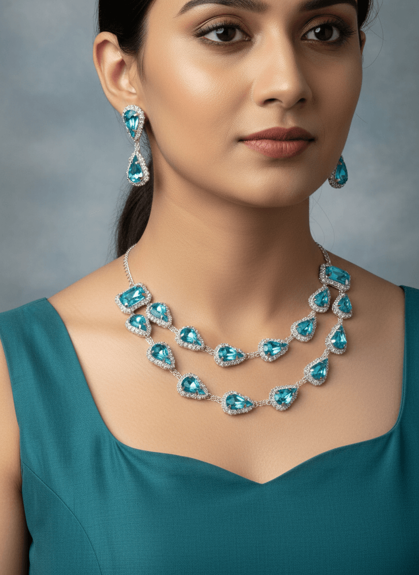 Aqua Blue Tilak Premium Necklace & Earrings Set