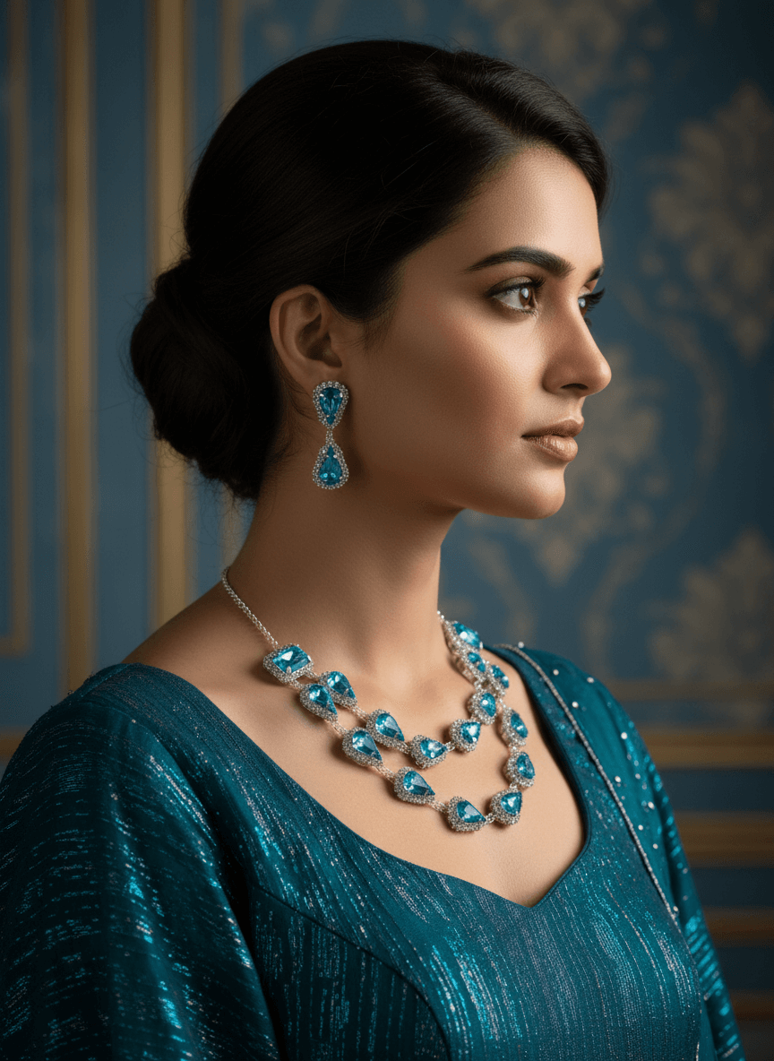 Aqua Blue Tilak Premium Necklace & Earrings Set