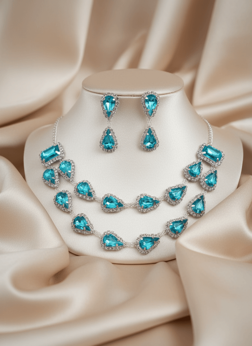Aqua Blue Tilak Premium Necklace & Earrings Set