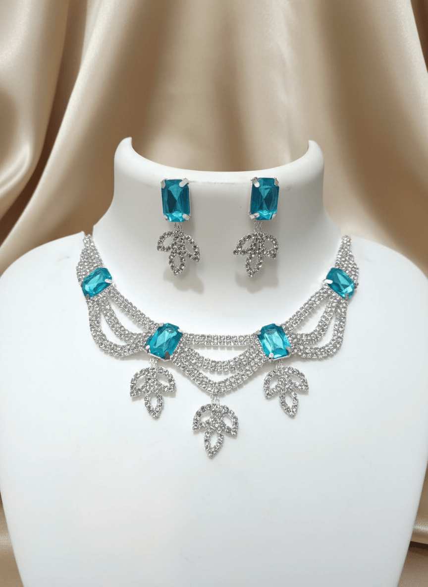 Aqua Blue Leaf Premium Necklace & Earrings Set For Women & Girl