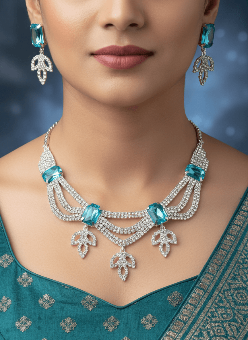 Aqua Blue Leaf Premium Necklace & Earrings Set For Women & Girl