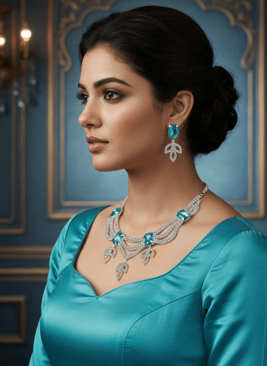 Aqua Blue Leaf Premium Necklace & Earrings Set For Women & Girl