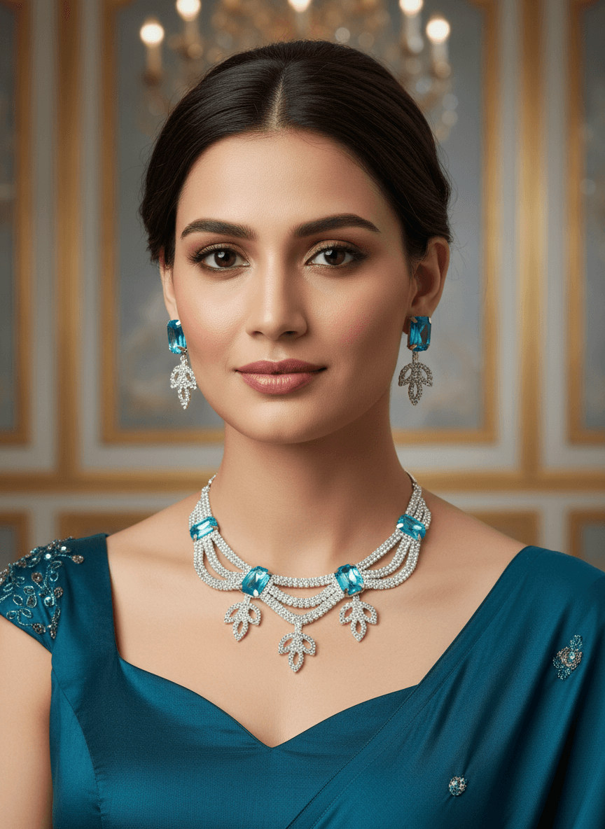Aqua Blue Leaf Premium Necklace & Earrings Set For Women & Girl
