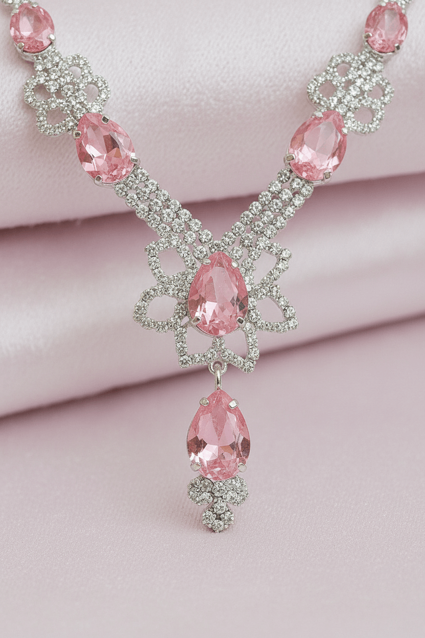 Pink Floral Pear Premium Necklace & Earrings Set
