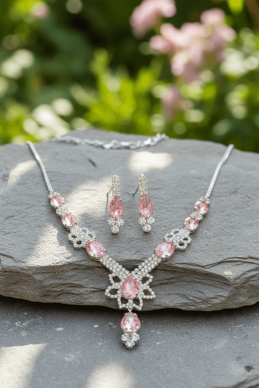 Pink Floral Pear Premium Necklace & Earrings Set