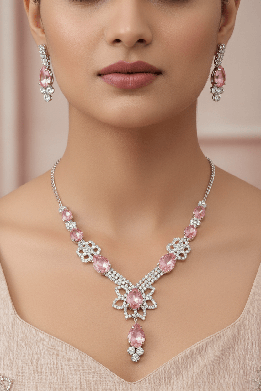 Pink Floral Pear Premium Necklace & Earrings Set