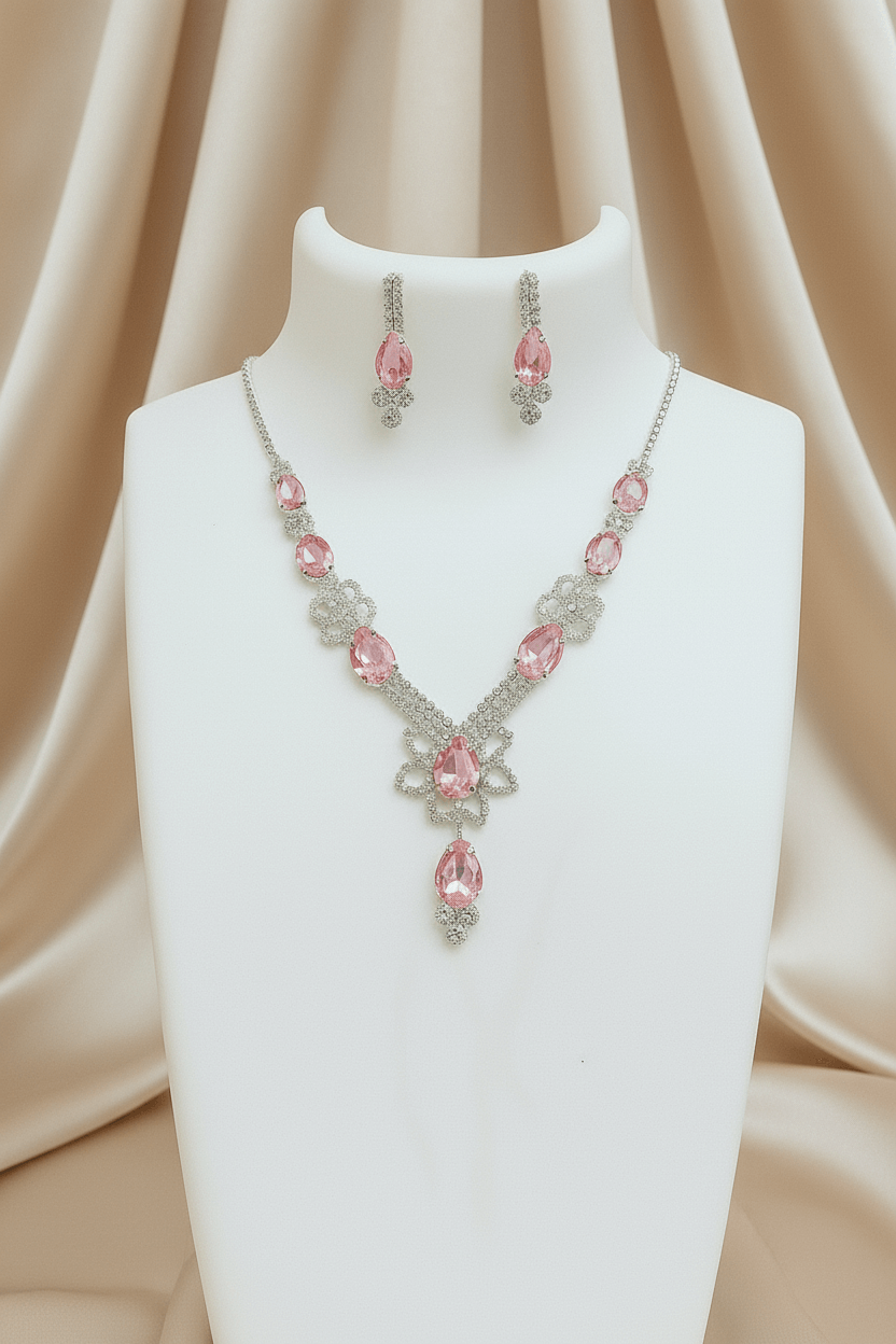 Pink Floral Pear Premium Necklace & Earrings Set