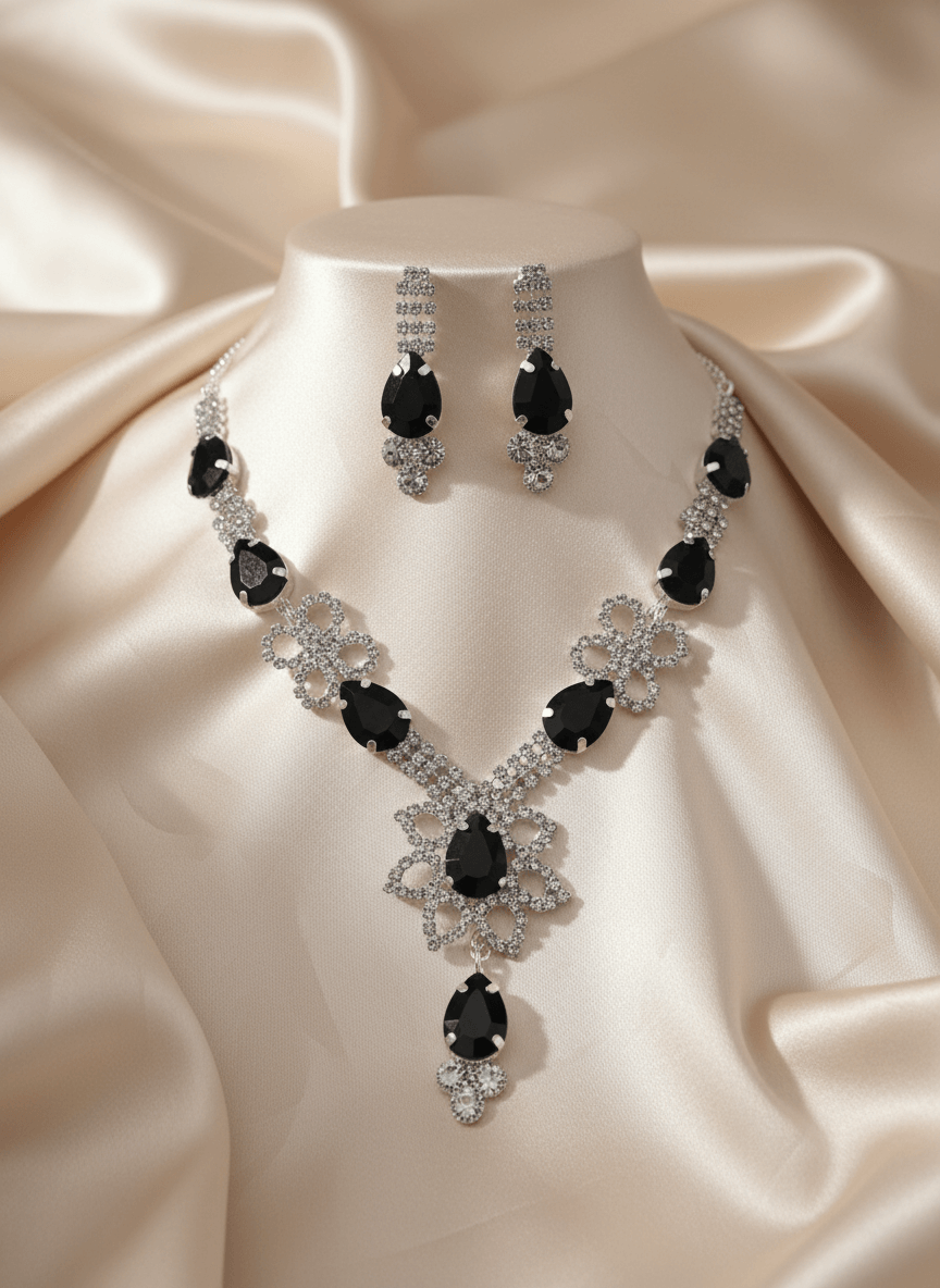 Black Floral Pear Premium Necklace & Earrings Set