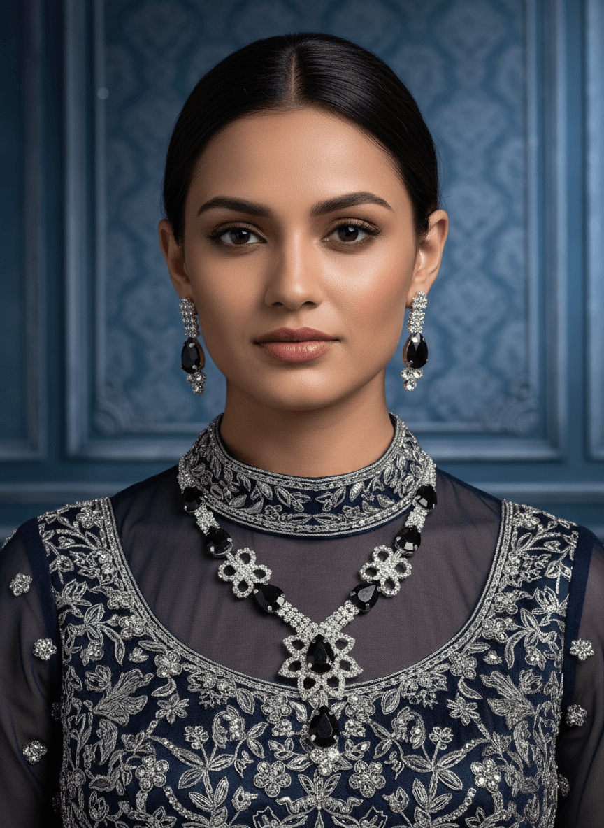 Black Floral Pear Premium Necklace & Earrings Set