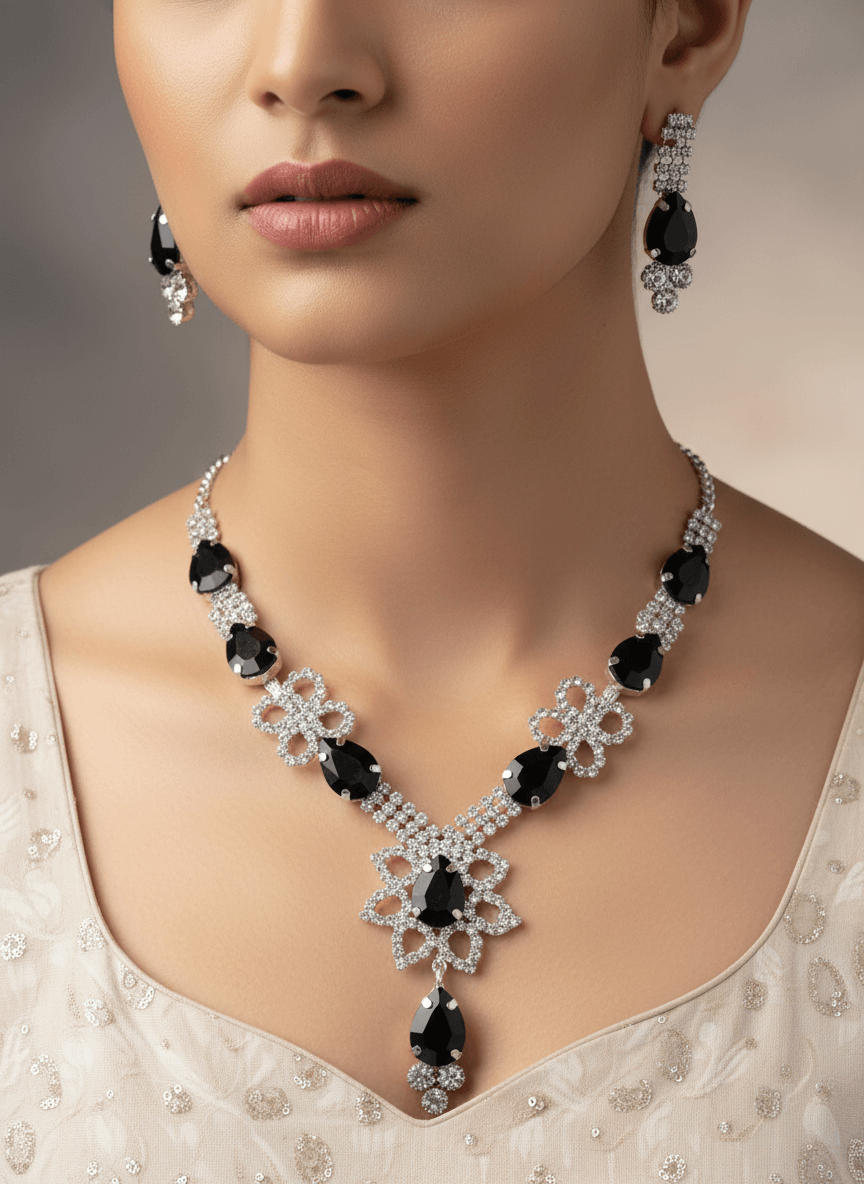 Black Floral Pear Premium Necklace & Earrings Set