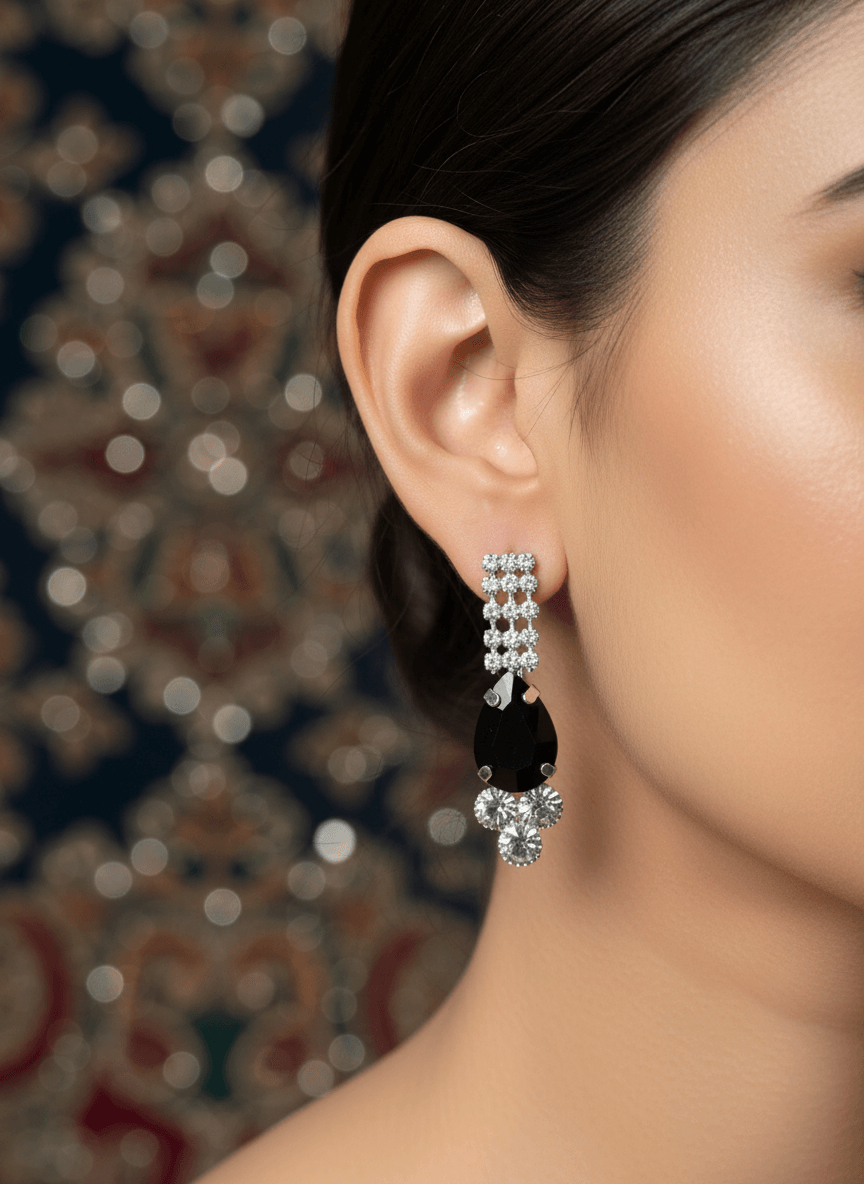 Black Floral Pear Premium Necklace & Earrings Set