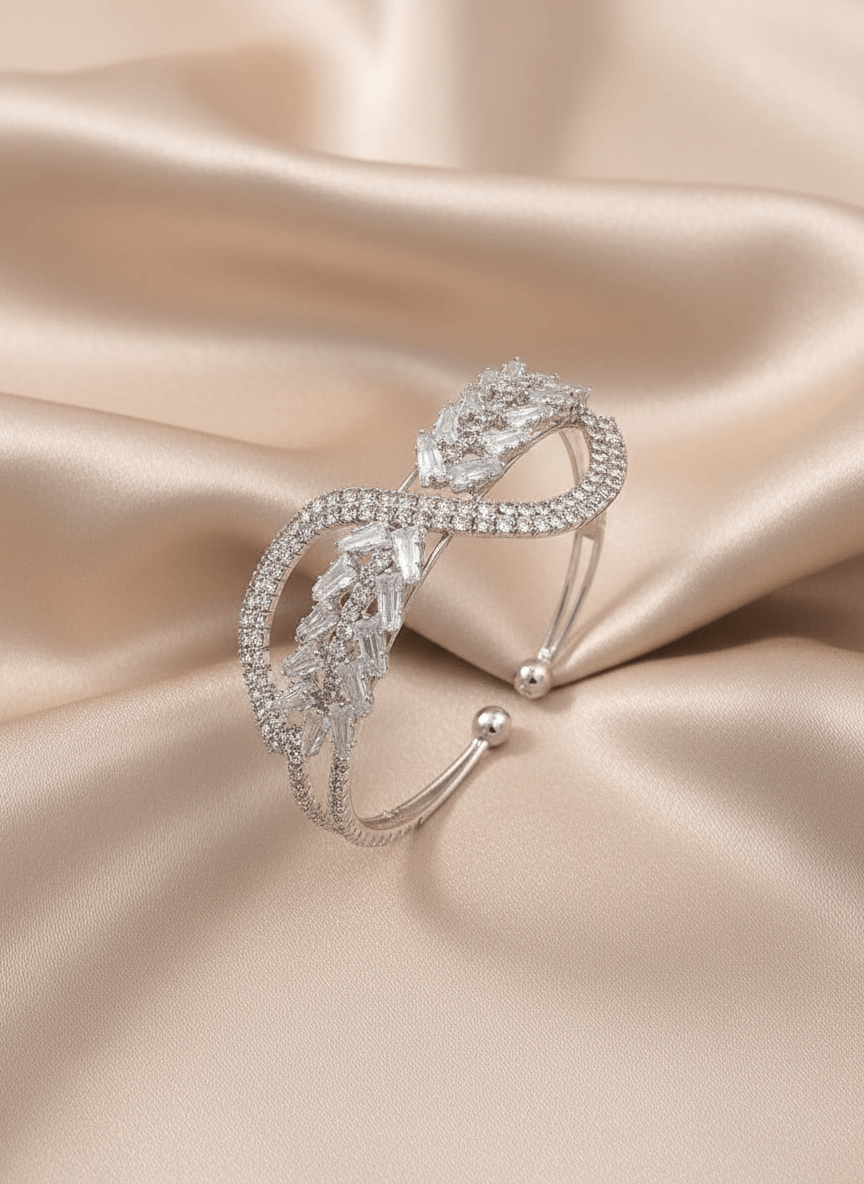 Elegant white-gold tone with clear stones