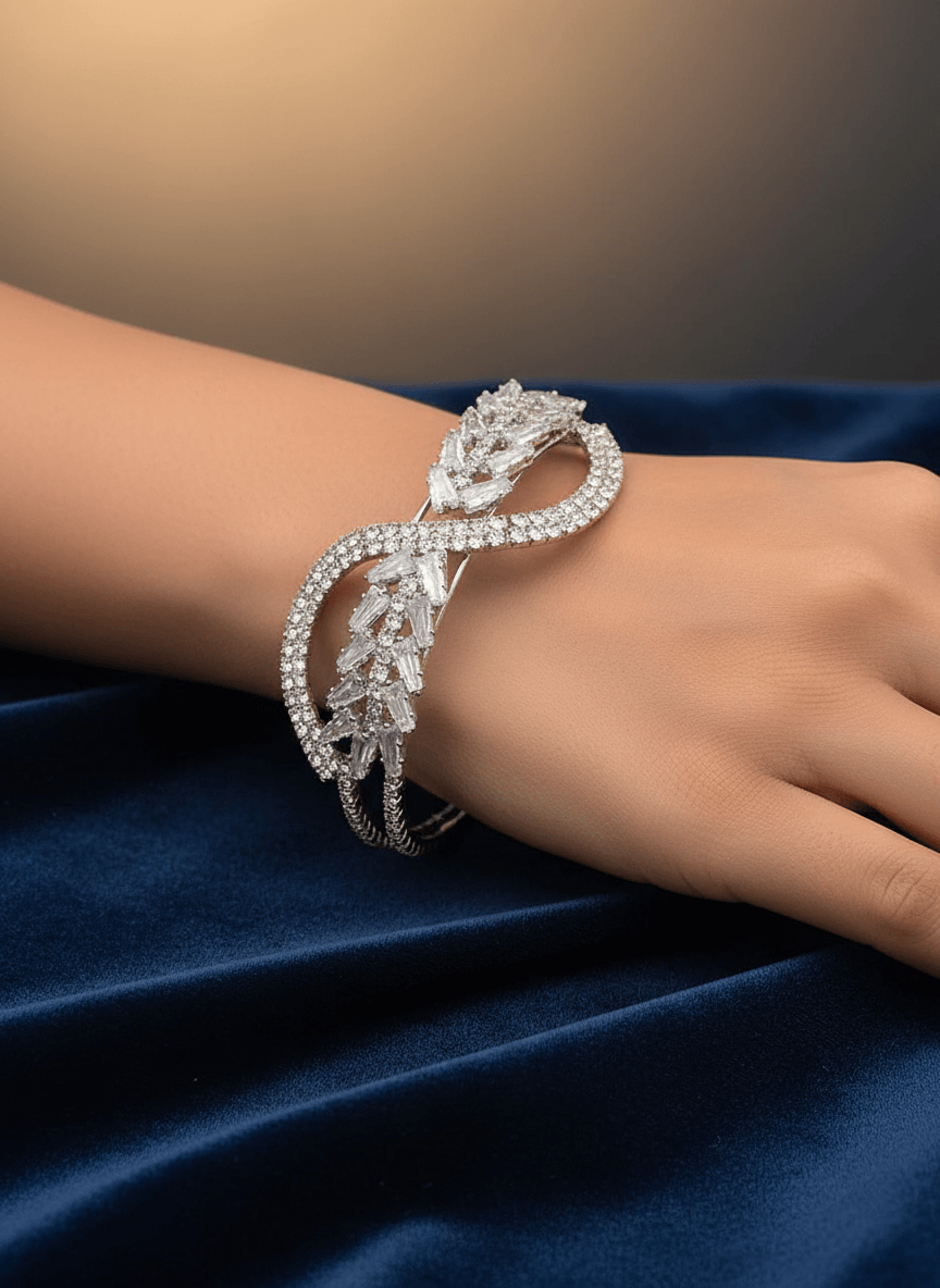 Elegant white-gold tone with clear stones