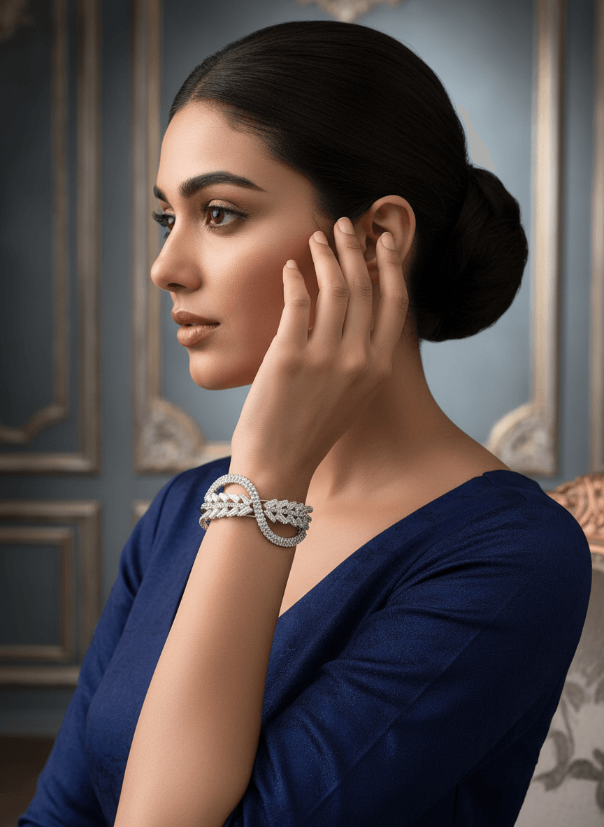 Elegant white-gold tone with clear stones