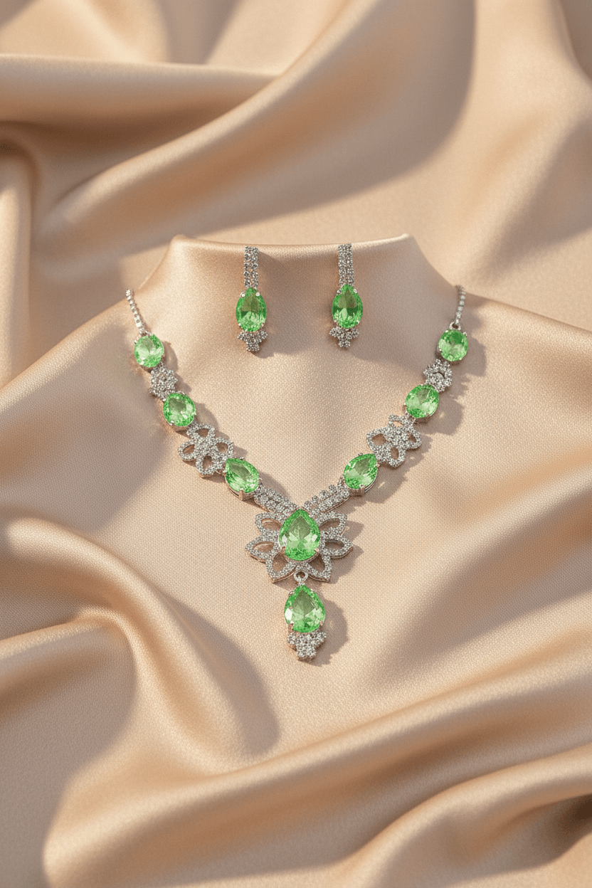 Emerald Green Floral Pear Premium Necklace & Earrings Set