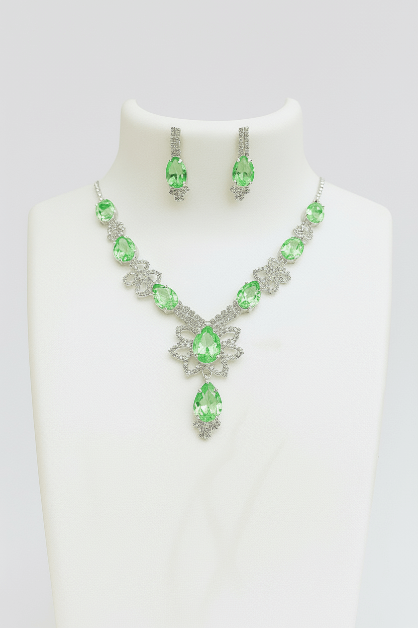 Emerald Green Floral Pear Premium Necklace & Earrings Set