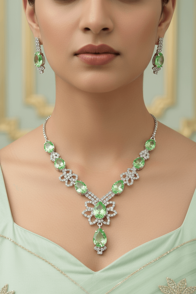 Emerald Green Floral Pear Premium Necklace & Earrings Set