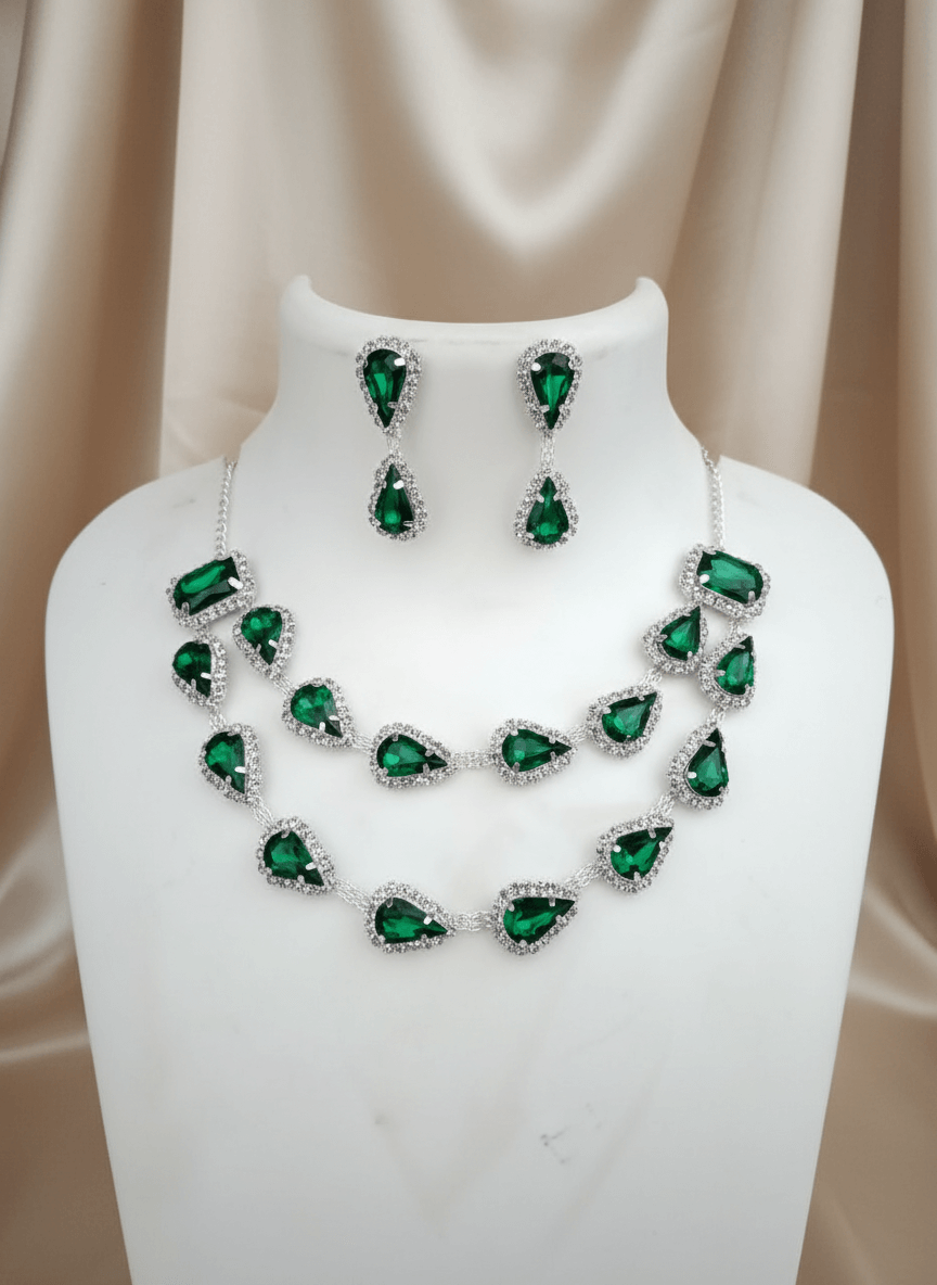 Emerald Green Tilak Premium & Elegant ( Emerald Pear ) Necklace & Earrings Set For Women & Girl