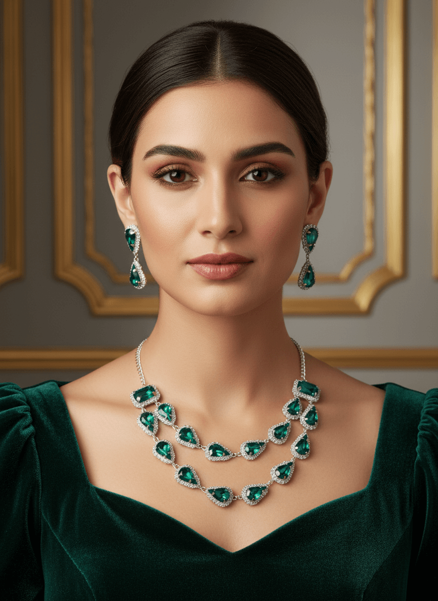 Emerald Green Tilak Premium & Elegant ( Emerald Pear ) Necklace & Earrings Set For Women & Girl