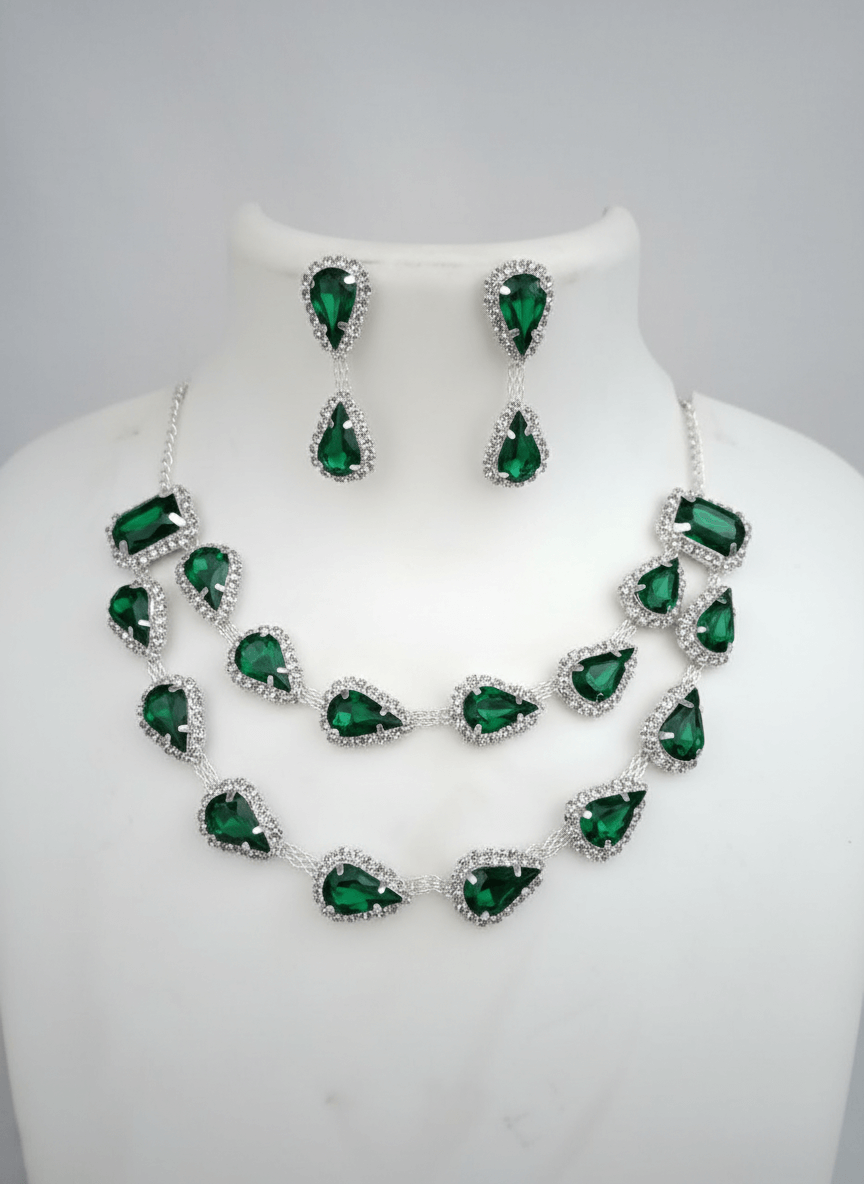 Emerald Green Tilak Premium & Elegant ( Emerald Pear ) Necklace & Earrings Set For Women & Girl