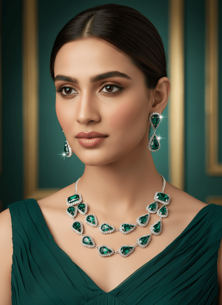 Emerald Green Tilak Premium & Elegant ( Emerald Pear ) Necklace & Earrings Set For Women & Girl