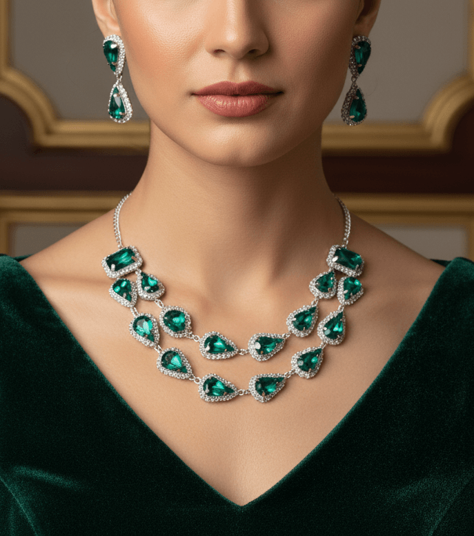 Emerald Green Tilak Premium & Elegant ( Emerald Pear ) Necklace & Earrings Set For Women & Girl