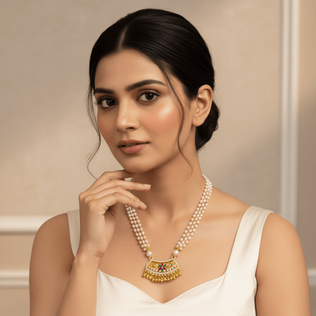 Golden-Plated Fan-Shaped Pendant Pearl Necklace