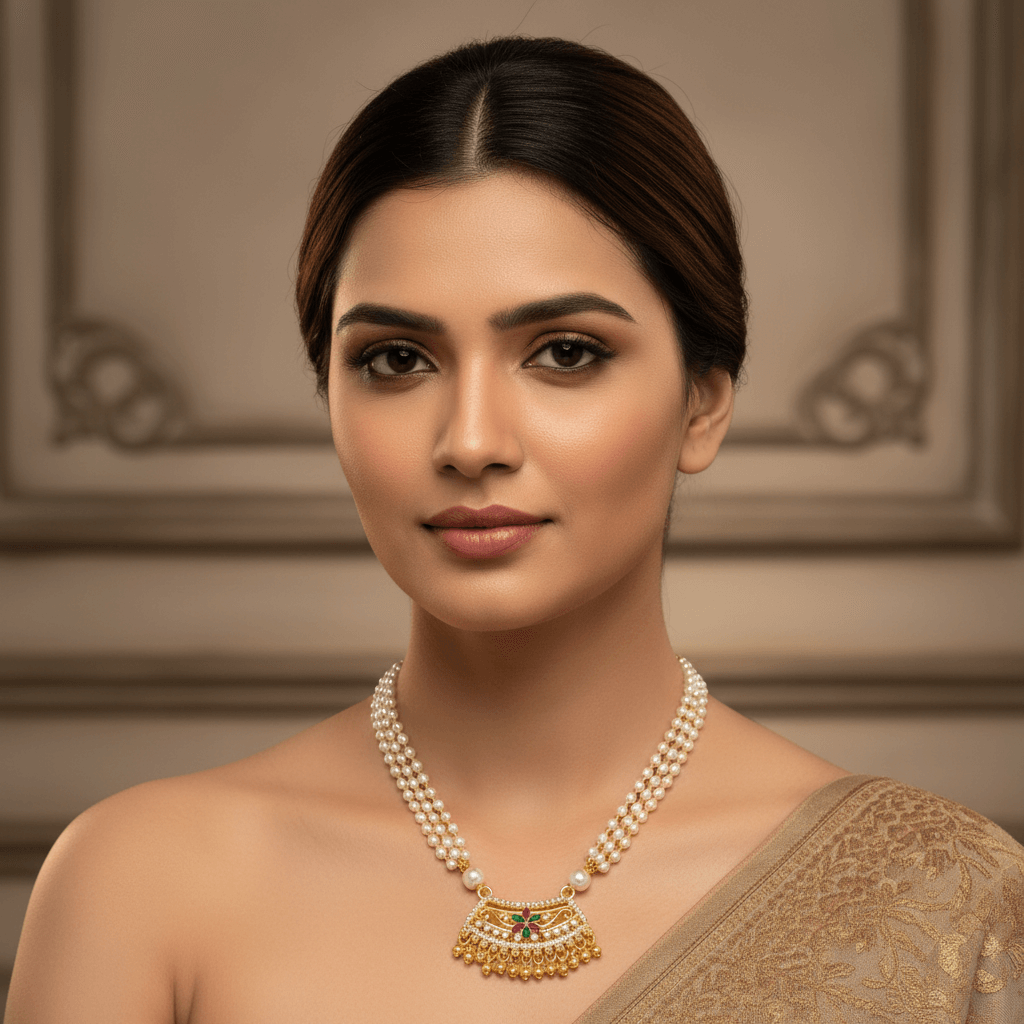 Golden-Plated Fan-Shaped Pendant Pearl Necklace