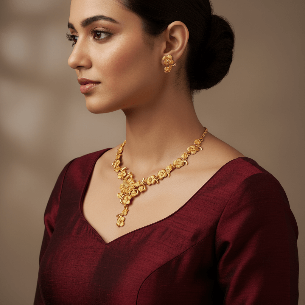 Golden Floral Peacock Premium Necklace Set
