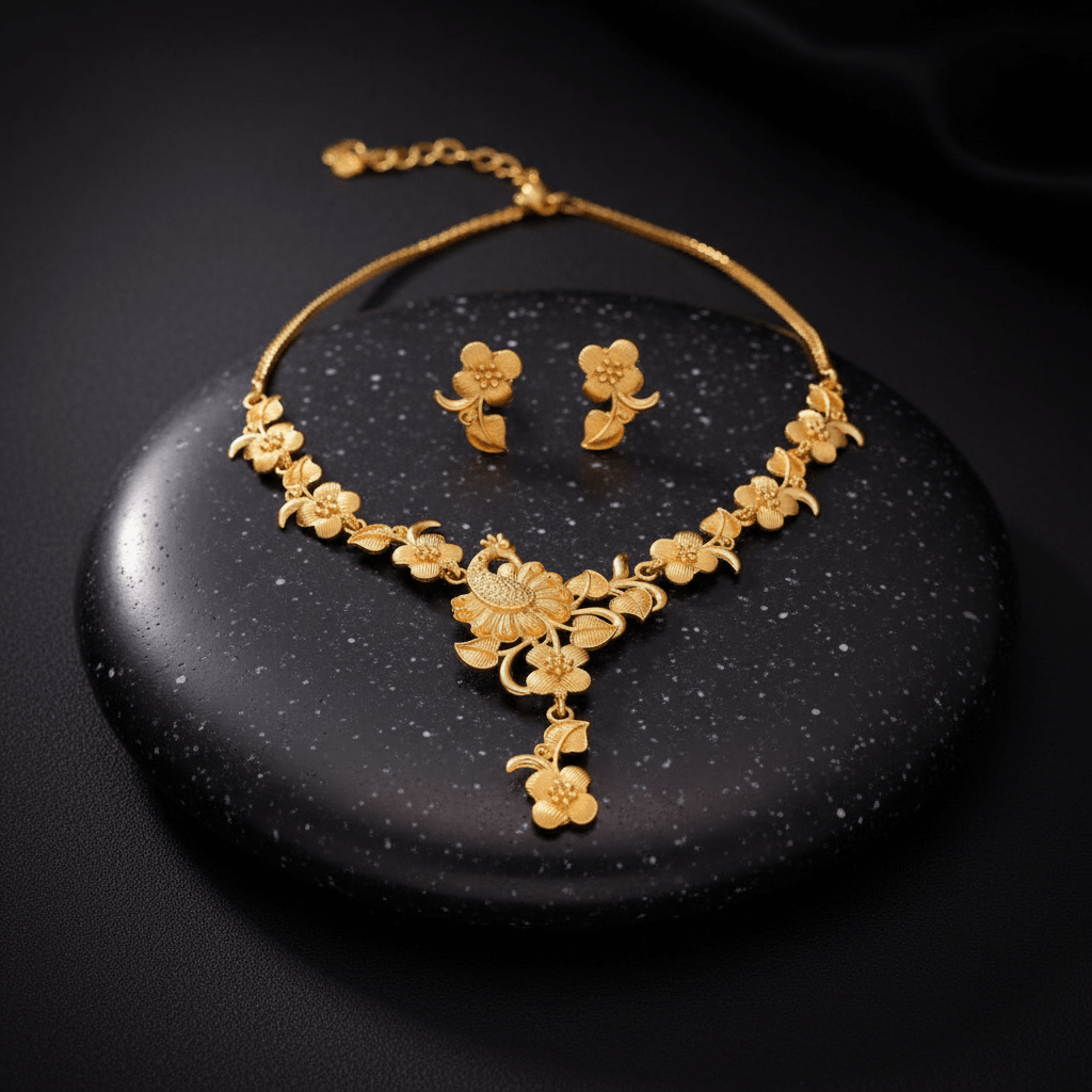 Golden Floral Peacock Premium Necklace Set