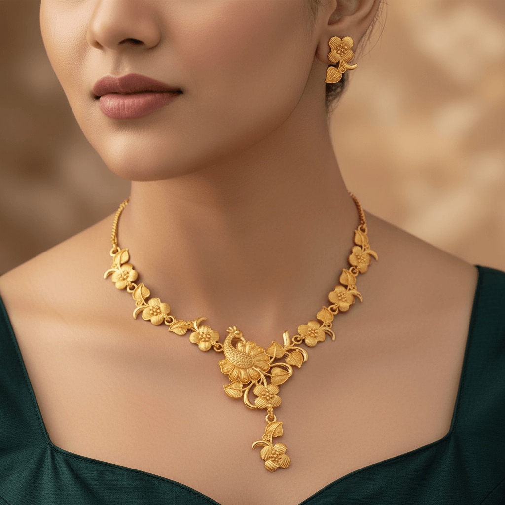 Golden Floral Peacock Premium Necklace Set