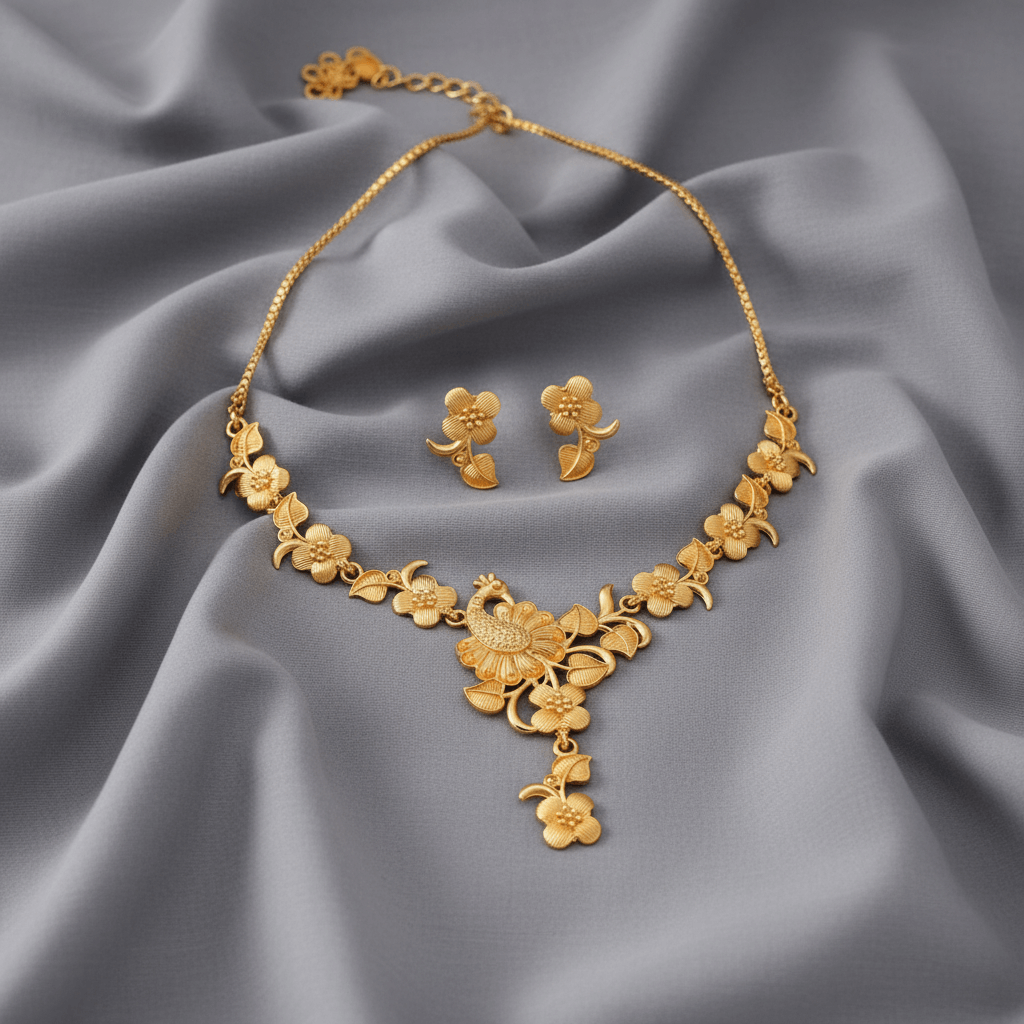 Golden Floral Peacock Premium Necklace Set