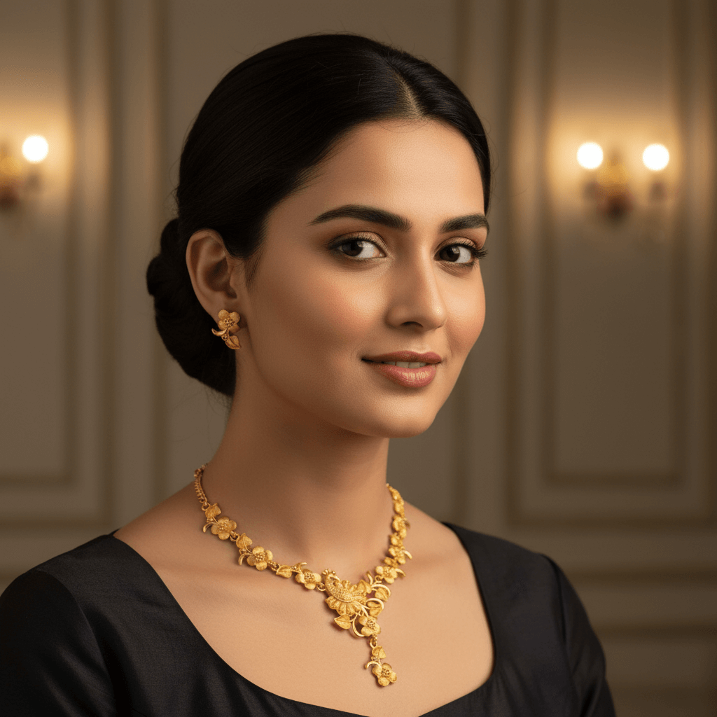 Golden Floral Peacock Premium Necklace Set