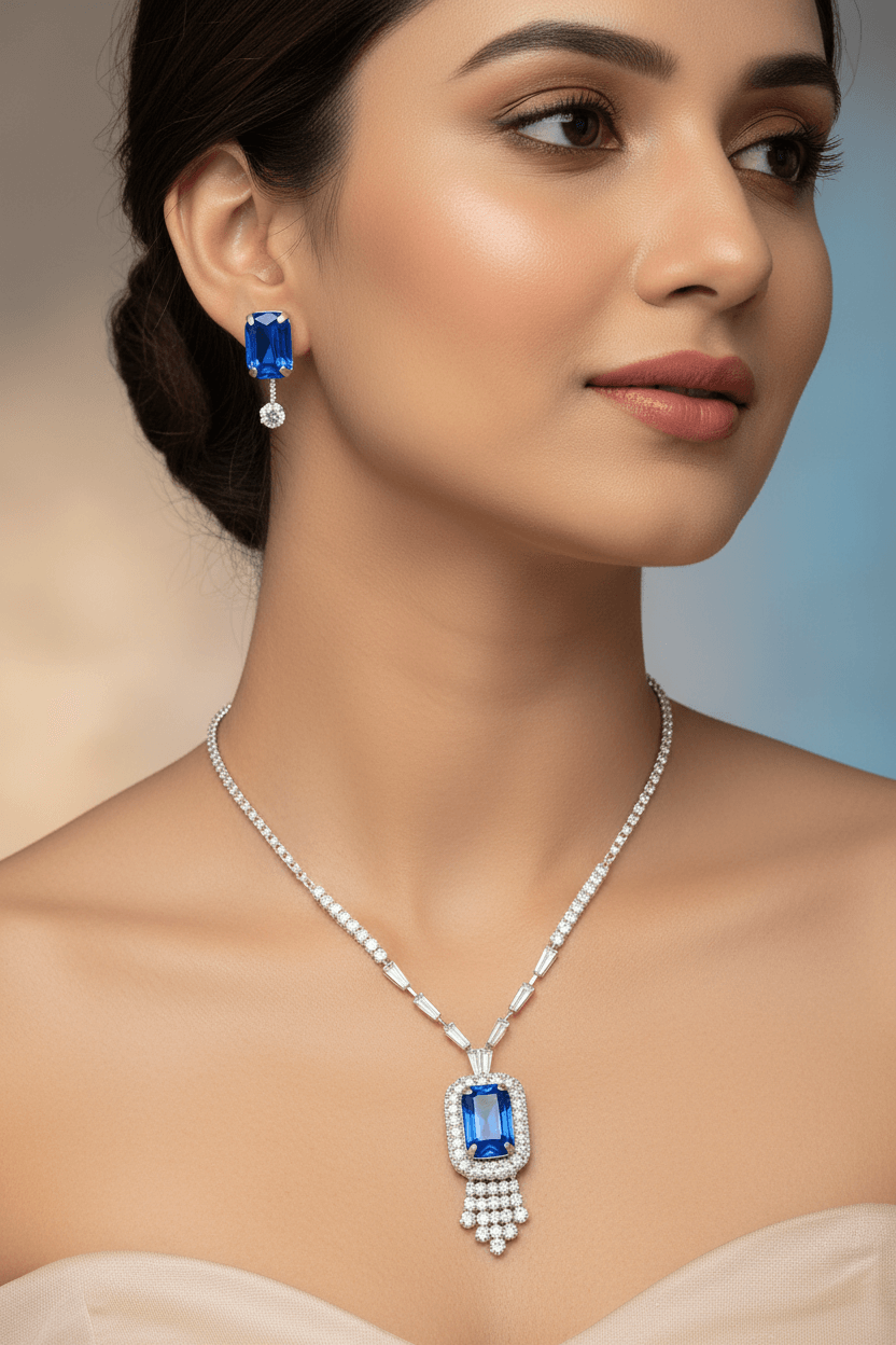 Blue Rangila Premium & Elegant ( Ira Sapphire ) Necklace & Earrings Set For Women & Girl