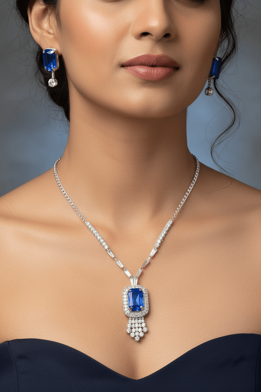 Blue Rangila Premium & Elegant ( Ira Sapphire ) Necklace & Earrings Set For Women & Girl