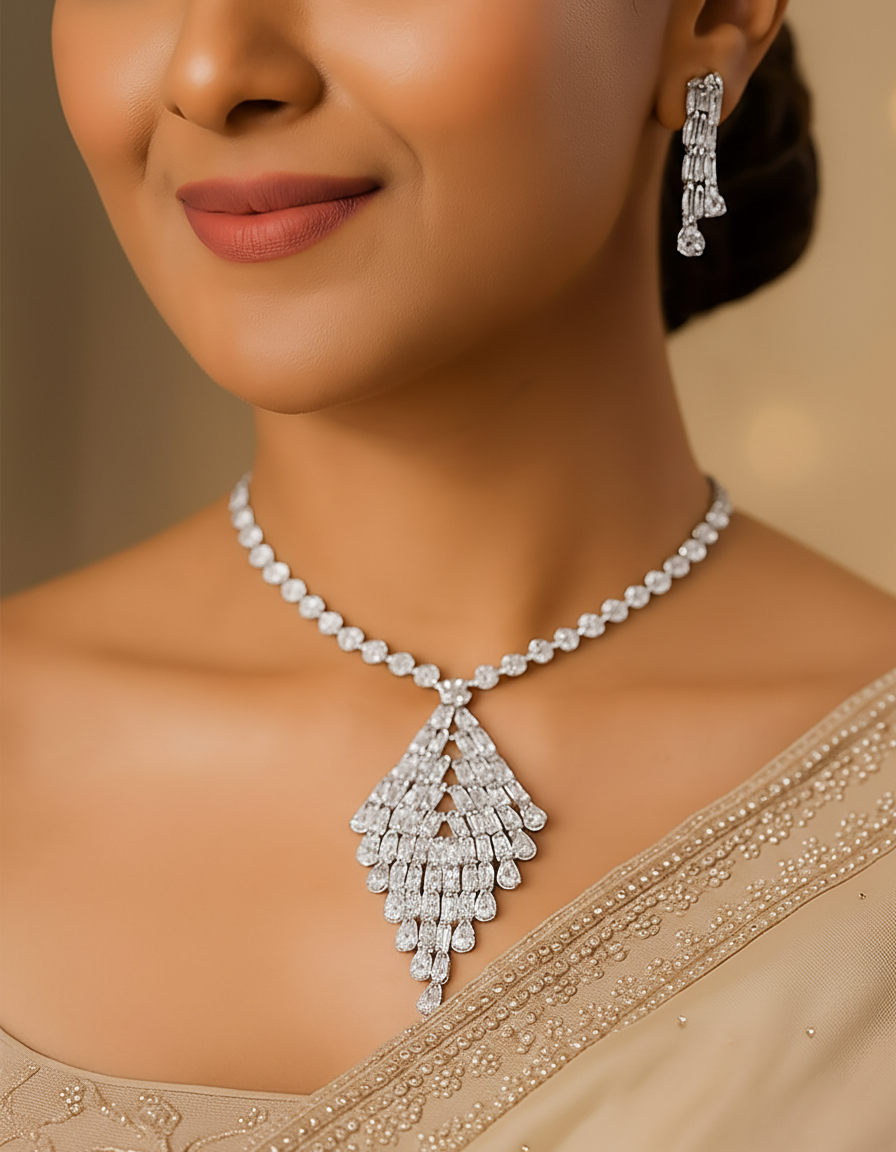 Silver Triangle Crystal Necklace Set