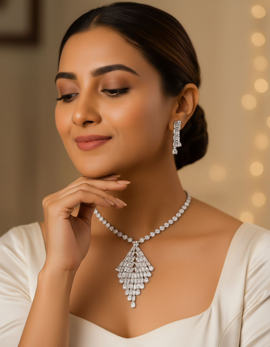 Silver Triangle Crystal Necklace Set