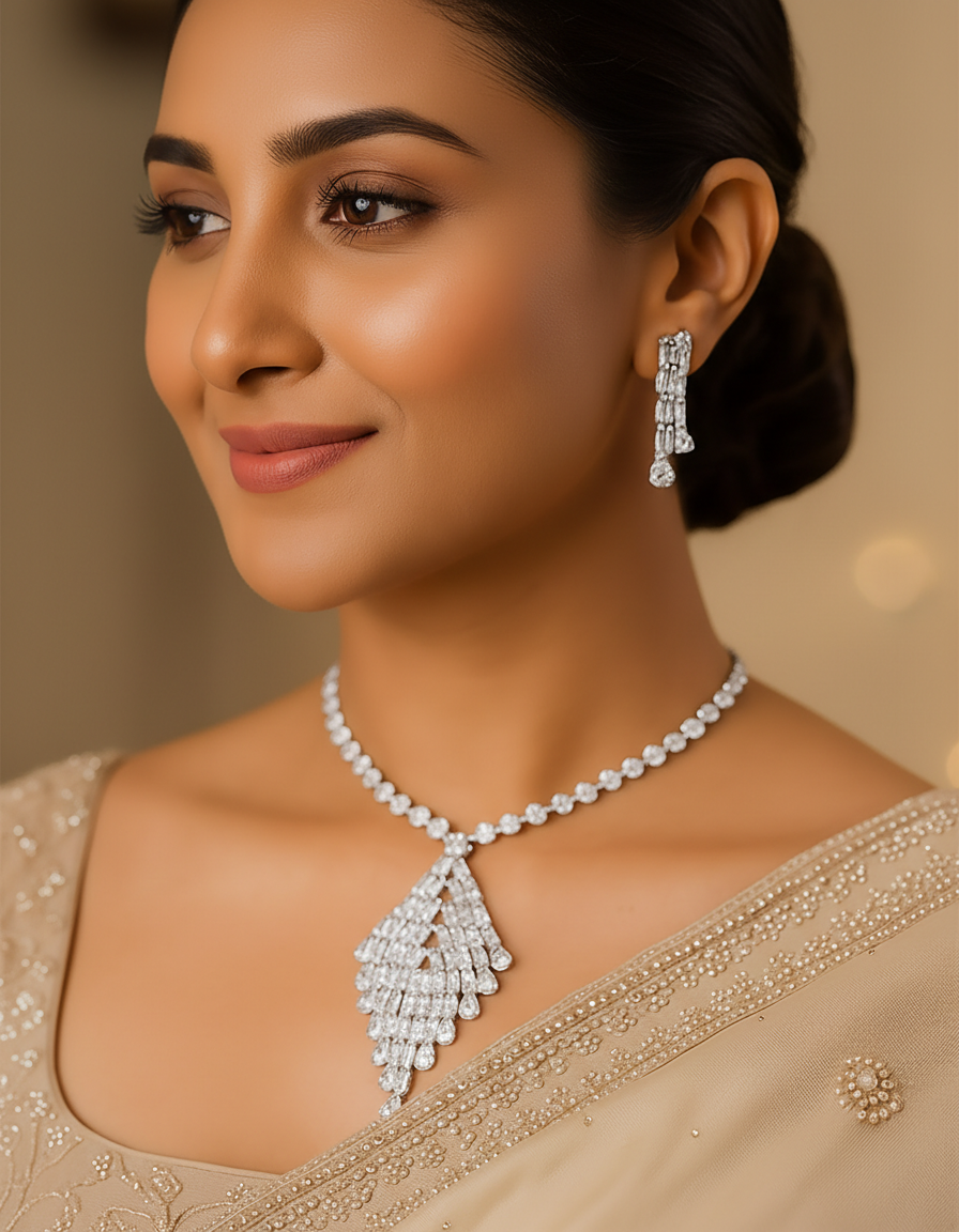 Silver Triangle Crystal Necklace Set