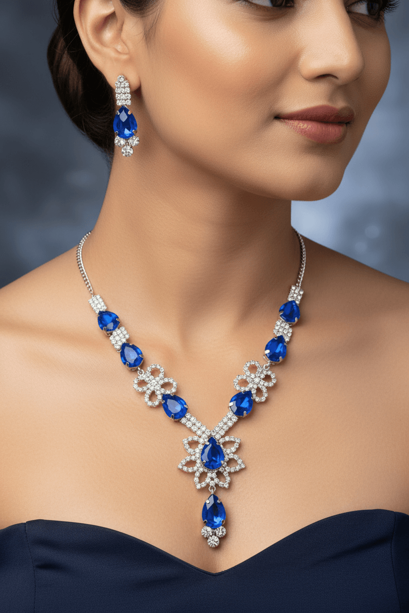 Royal Blue Floral Pear Premium Necklace & Earrings Set